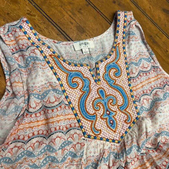Umgee‎ USA Women's Embroidered Tank Dress Abstract Print Blue Orange Size L - Picture 3 of 5